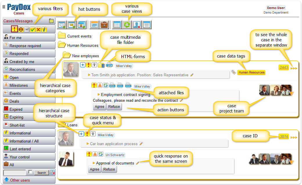 PayDox Adaptive Case Management one screen features